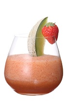 The Zulu Warrior drink is made from Midori melon liqueur, strawberry liqueur, lemon juice, fresh melon and strawberries, and served in a rocks glass.