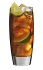 The 100 Cola is a brown colored drink made from Southern Comfort 100 Proof, lime and cola, and served over ice in a highball glass.