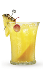 The 9 Apple cocktail recipe is a yellow colored drink made from Cruzan 9 spiced rum and pineapple juice, and served over ice in a highball glass.