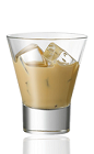 The Amarula on Ice is a brown colored drink made with Amarula and served over ice in a rocks glass.