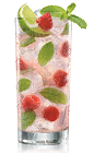 The B Razz Mojito is a colorful drink made from Bacardi Razz raspberry rum, mint leaves, lime, raspberry, simple syrup and club soda, and served over ice in a highball glass.