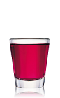 The Bat Bite is a red shot made from Bacardi rum, raspberry liqueur and cranberry juice, and served in a chilled shot glass.