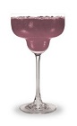 The Bit o Berry Rita is a purple cocktail made from Pucker Berry Fusion schnapps, raspberry schnapps, tequila, sour mix and triple sec, and served in a margarita glass.