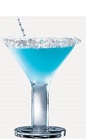 The Blue Bird cocktail recipe is a blue colored drink made from Burnett's coconut rum, Hpnotiq liqueur and lime juice, and served in a coconut-rimmed cocktail glass.