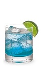 The Blue Velvet is a blue cocktail made from Pucker Island Punch schnapps, triple sec, vodka, lime juice and club soda, and served over ice in a rocks glass.