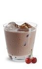 The Boozy Cherry Chocolate Milk is a brown drink made from JDK & Sons Crave chocolate cherry liqueur and milk, and served over ice in a rocks glass.