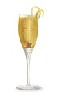 The Brazilian Champagne Cocktail is an orange cocktail made from cognac, Cointreau, champagne, bitters and a sugar cube, and served in a chilled champagne flute.