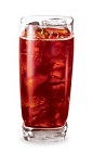 The Canadian Cherry Cola is a red drink made from Pucker cherry schnapps, Canadian whiskey and ginger ale, and served over ice in a highball glass.