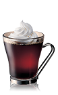 The Caribbean Coffee is a black drink made from Bacardi golden rum, hot coffee and whipped cream, and served in a coffee glass.