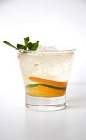 The Champagnirinha cocktail recipe is made from Leblon cachaca, chilled champagne, orange, lemon and lime, and served over ice in a rocks glass.