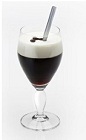The Classic Disaronno is a black cocktail made from Disaronno, espresso, sugar and whipped cream, and served in a wine glass.