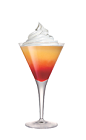 The Creamy Sunset is a red cocktail made from Smirnoff Whipped Cream vodka, sour mix, pineapple juice, grenadine and whipped cream, and served in a chilled cocktail glass.