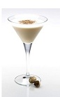The Disaronno Latte is a brown cocktail made from Disaronno, Kahlua, half & half and chocolate shavings, and served in a chilled cocktail glass.