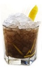 The Expresso is a brown colored drink recipe made from Luxardo Sambuca Passione Nera, coffee liqueur and lemon juice, and served over crushed ice in a rocks glass garnished with a lemon peel.