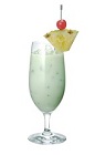 The Midori Colada drink is made from Midori melon liqueur, whie rum, coconut milk, pineapple juice and lemon juice, and served in a hurricane or other large stemmed glass.