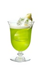 The Midori Splice cocktail is made from Midori melon liqueur, Malibu coconut rum, pineapple juice and coconut cream, and served in a parfait or other stemmed glass.