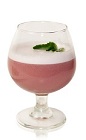 The Nut N Honey is a pink colored cocktail made from Patron tequila, pomegranate juice, honey, bitters and egg white, and served in a brandy snifter.