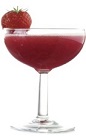 The Petini cocktail is a thick red colored fruity drink made from Luxardo sambuca, strawberries and lemon juice, and served in a chilled cocktail glass garnished with black pepper and a strawberry.