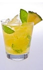 The Pineapple Mint Caipirinha brings together the woody flavors of mint and the tropical tang of pineapple to form a very relaxing drink for any season of the year. An orange colored cocktail made from Leblon cachaca, mint, pineapple and simple syrup, and served over crushed ice in a rocks glass.