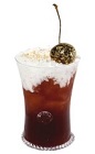 The Profundo drink recipe is made from bourbon, Luxardo cherry liqueur, chocolate liqueur and whipped cream, and served over ice in a rocks glass garnished with a maraschino cherry.