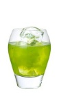 The Randy Little Kiwi drink is made from Midori melon liqueur, vodka, kiwi fruit and sugar, and served over ice in a rocks glass.
