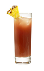 The Raspberry Rumble drink recipe is an orange colored cocktail made from Chymos raspberry liqueur, blueberry liqueur and pineapple juice, and served over ice in a highball glass garnished with a pineapple wedge.