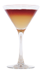 The Santiago Sour cocktail is an orange and red colored drink made from Chilean pisco, Chilean cabernet red wine, simple syrup, lemon juice and orange juice, and served in a chilled cocktail glass.