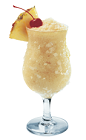 The SoColada is a yellow drink made from Southern Comfort, coconut milk, guava juice, peach schnapps and pineapple, and served in a chilled hurricane glass.