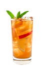 The Southern Peach Tea drink is made from Smirnoff peach vodka, lemonade, iced tea, simple syrup and mint, and served over ice in a highball glass.