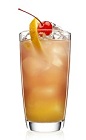 The Spiced Fruits is an orange colored cocktail made from Malibu Island Spiced rum, cranberry juice, pineapple juice and orange, and served over ice in a highball glass.