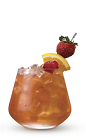 The Strawberry Mai Tai drink recipe is made from Cruzan Strawberry rum, curacao liqueur, lime juice, simple syrup and orgeat syrup, and served over ice in a rocks glass.