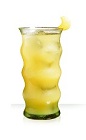 The Sunkiss drink is a yellow colored drink made from Cointreau orange liqueur, pineapple juice and grapefruit juice, and served over ice in a highball glass.