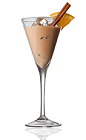 The Sunset Safari is a brown colored drink made from Amarula cream liqueur, Disaronno almond liqueur, citrus vodka and cinnamond, and served in a chilled cocktail glass.