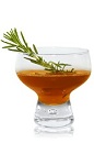 The Boss is an orange herbal cocktail made from Patron tequila, sweet vermouth, sorghum syrup and rosemary, and served in a chilled cocktail glass.