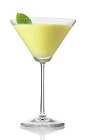 The So-Cal Cocktail is a yellow-green cocktail made from Patron tequila, lime juice, simple syrup, avocado and basil, and served in a chilled cocktail glass.