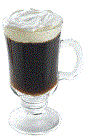 The Traditional Irish Coffee is a black drink made from Carolans Irish cream, Irish whiskey, coffee and whipped cream, and served in an Irish coffee glass.