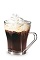 The Butter Tumble is a brown drink made from butterscotch schnapps, dark creme de cacao, coffee and whipped cream, and served in a warm coffee glass.